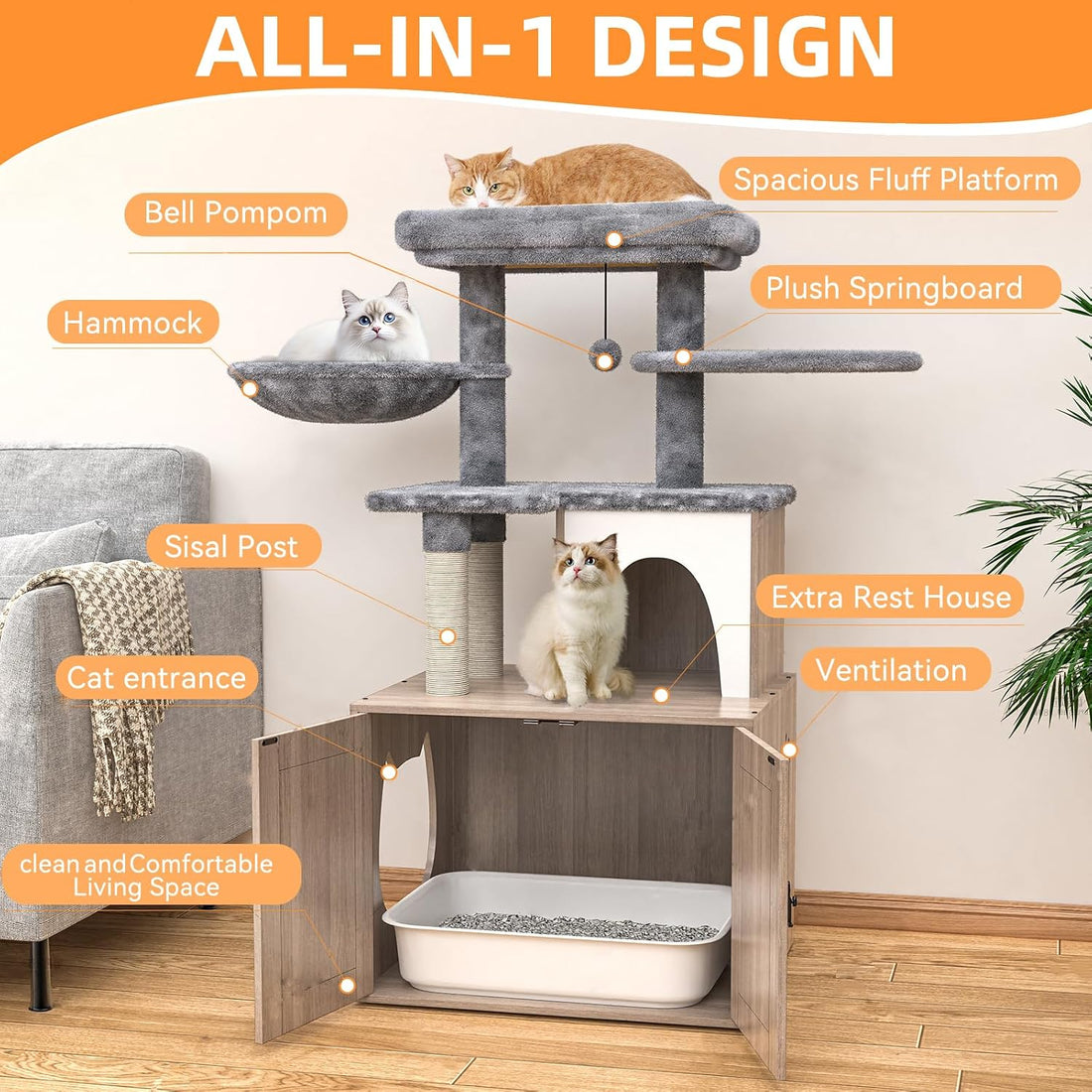 HavenlyYouth Litter Box Enclosure with Cat Tree,Cat Tree with Litter