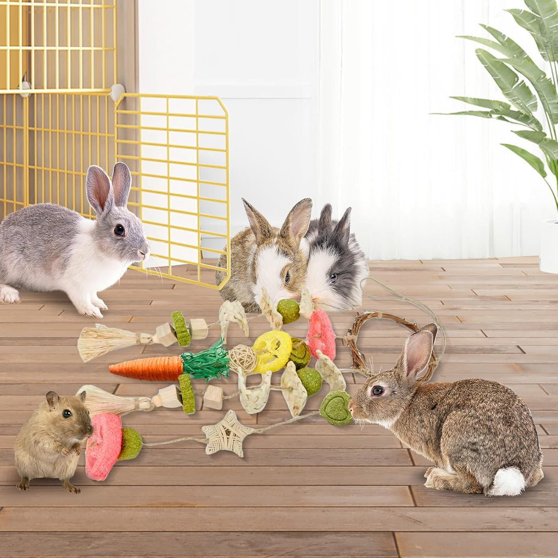 Jorewood Rabbit Chew Toys Bunny Cage Hanging Toy and Treats Rattan