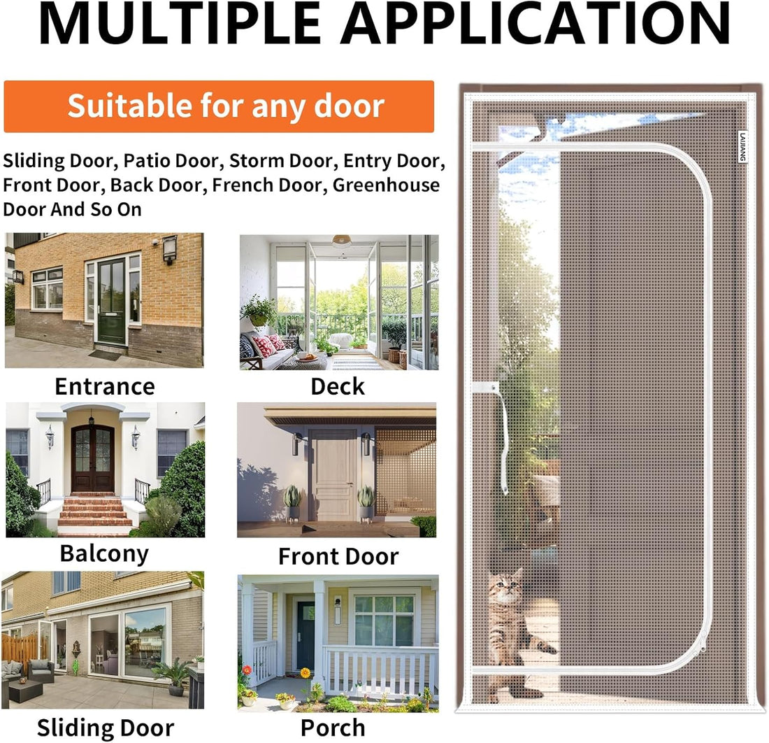 Reinforced Cat Screen Door with Zipper Fits Openings 42x85''