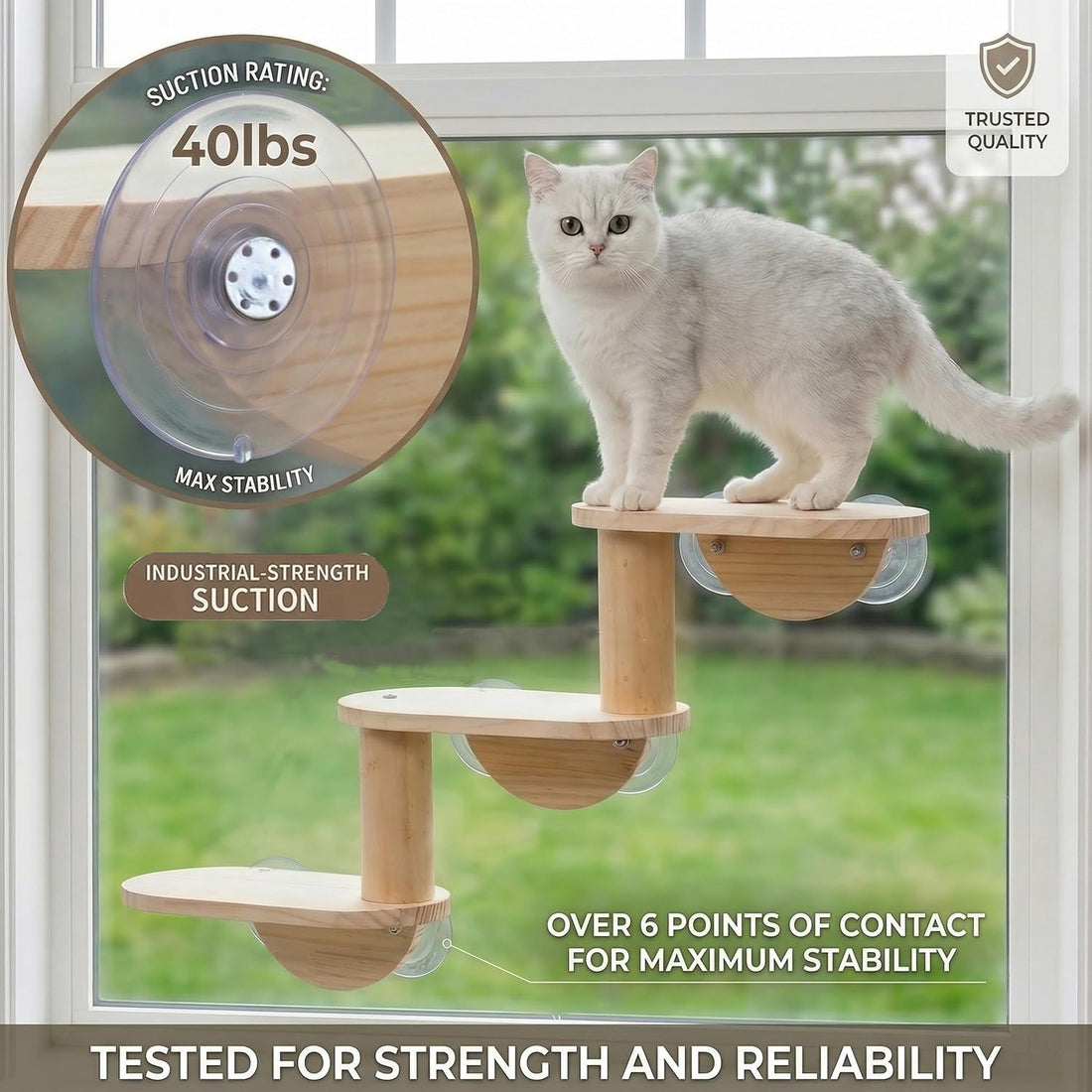 Cat Window Ladder, 3-Level Solid Pine Steps for Climbing and Bird