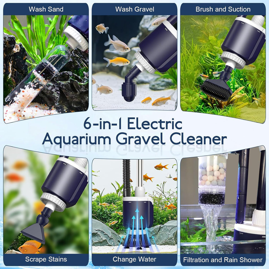 AQQA 600 GPH Electric Aquarium Gravel Cleaner 6-in-1 Fish Tank Vacuum