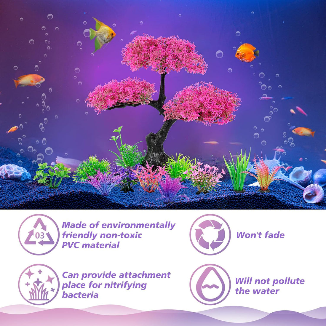 Ameliade Pink Artificial Plastic Tree Aquarium Plants Decor Set, 11PCS