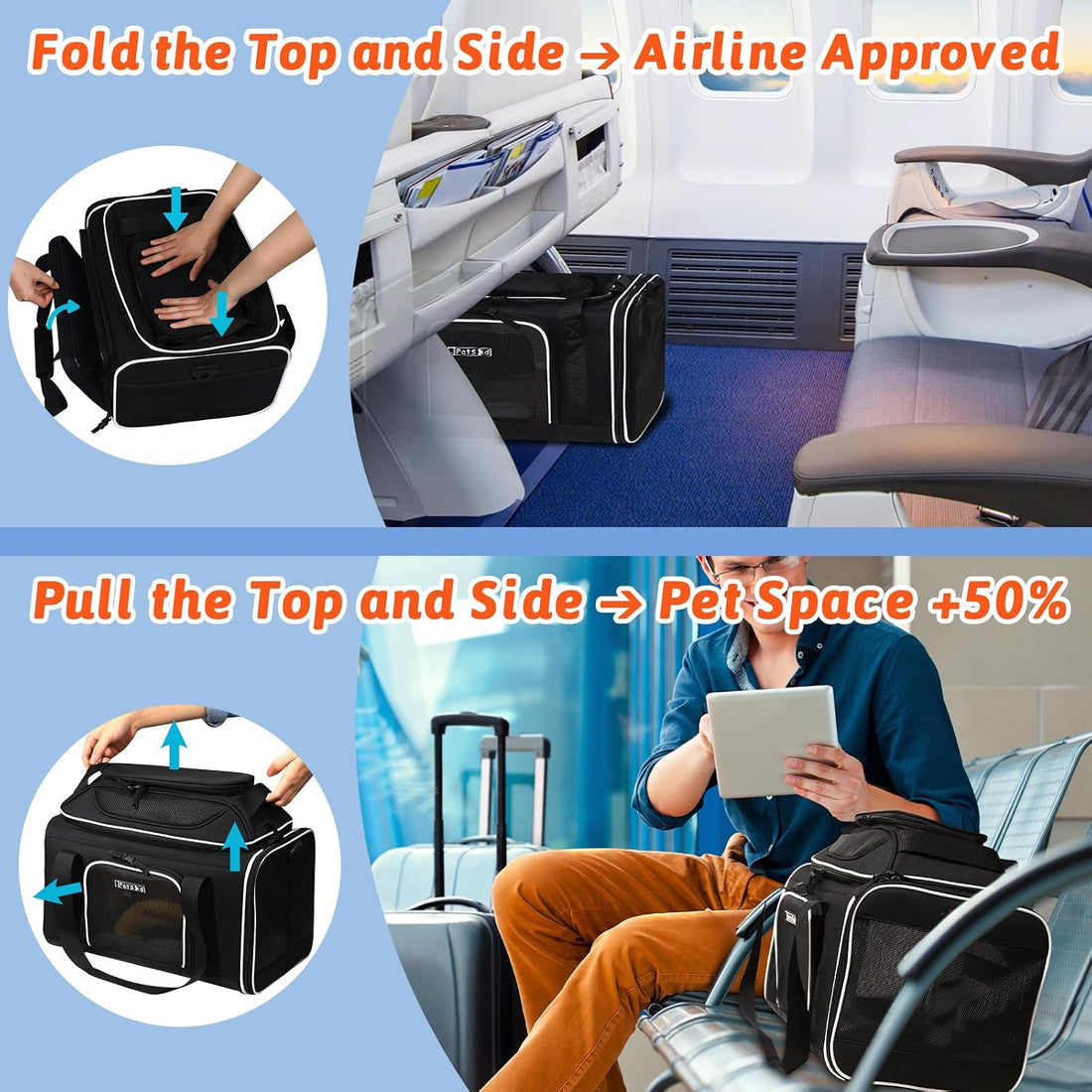 Petskd Top and Side Expandable Small Pet Carrier Airline Approved