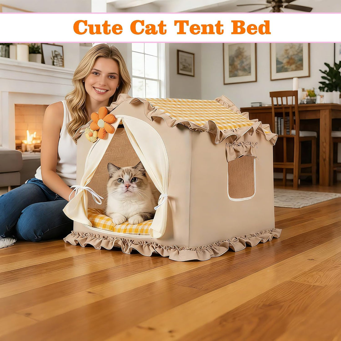 Yellow Indoor Dog House with Frame Foldable Breathable for Small Dog