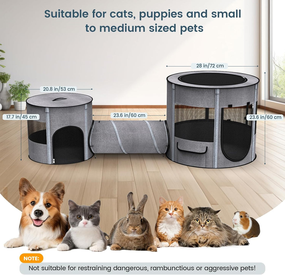 Portable Cat Playpen with Tunnel, 3 in 1 Foldable Puppy Play Pen