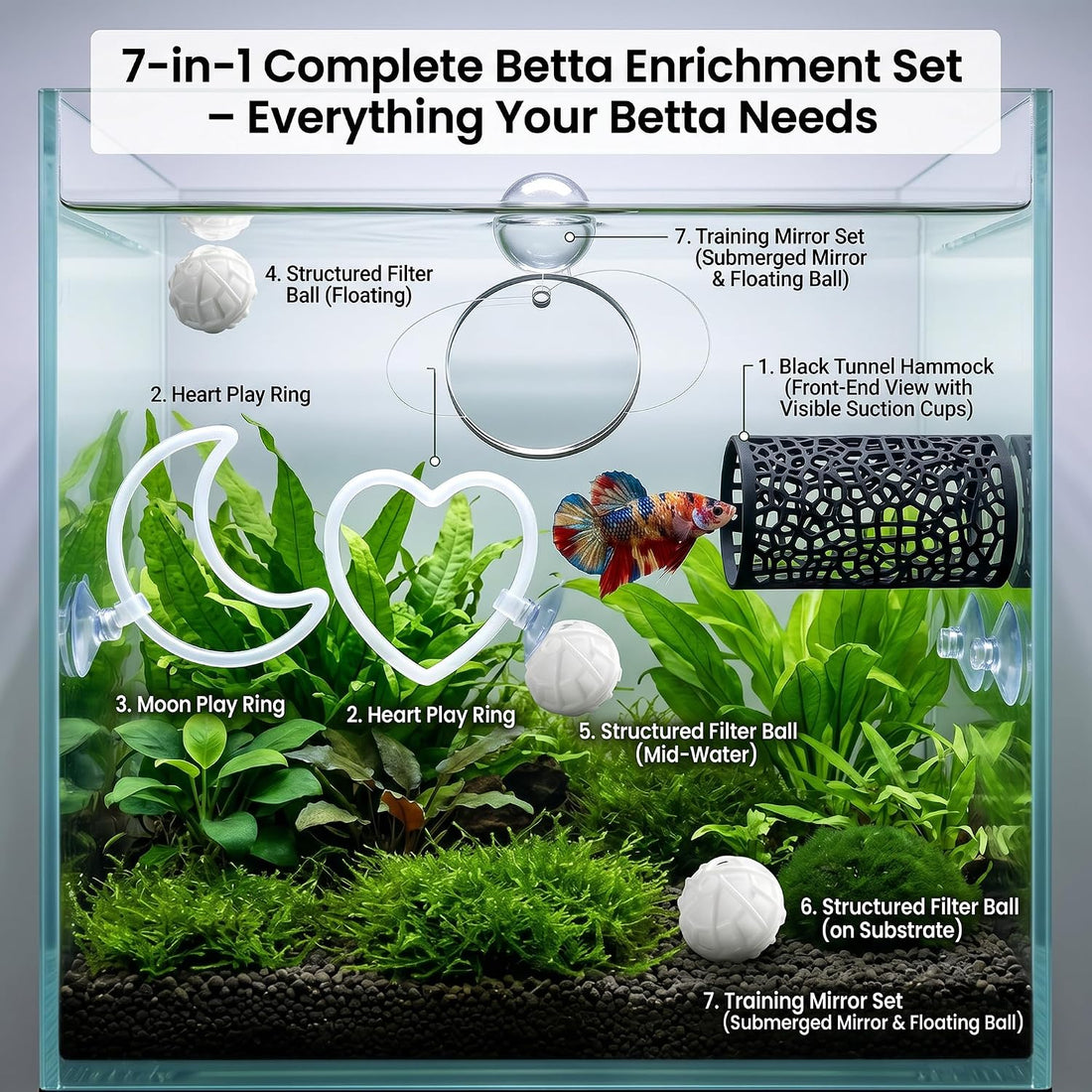7Pcs Betta Fish Toys, Tank Accessories, Mirror & Training Rings