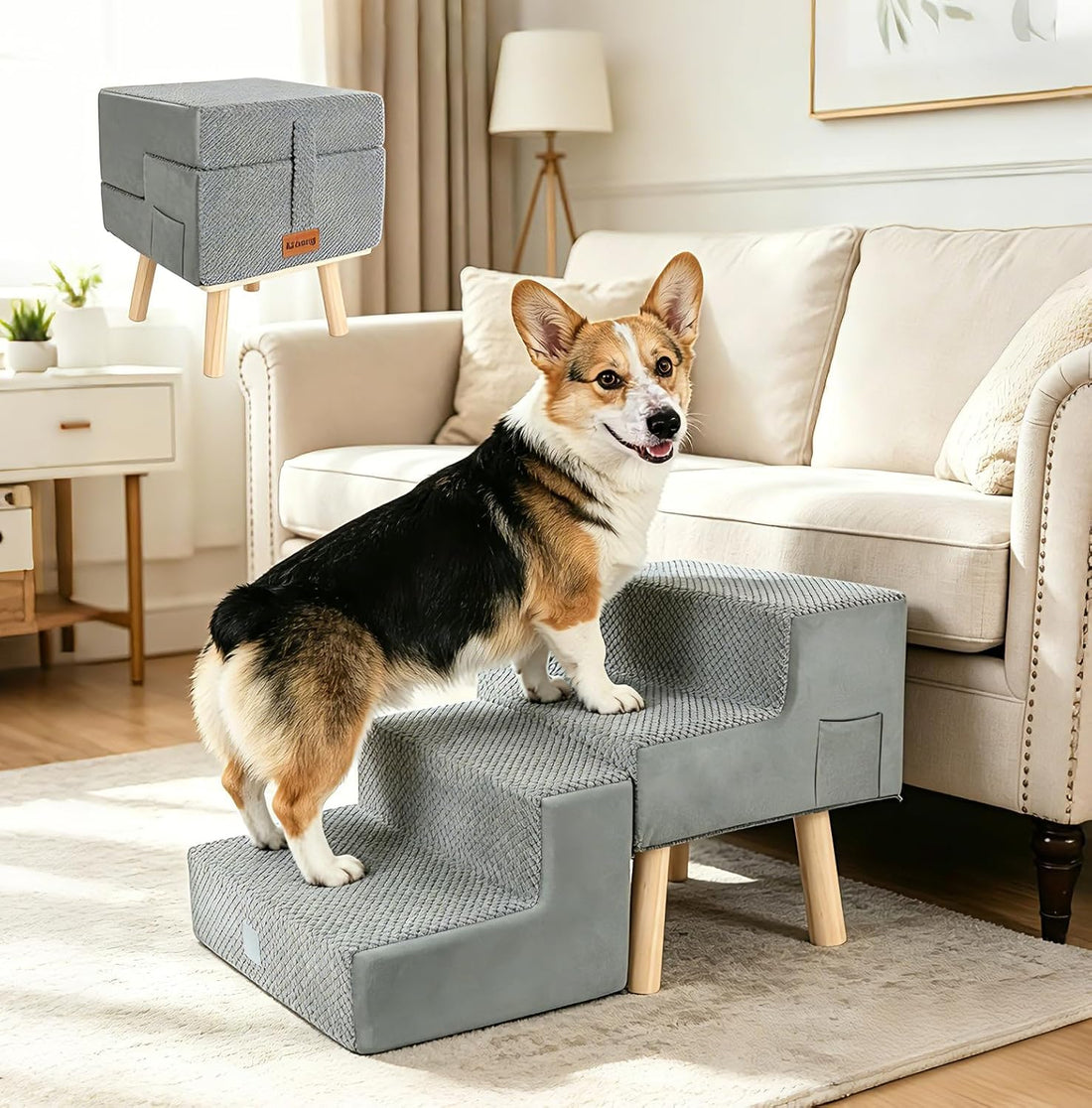 4-Step Ottoman Dog Stairs,2-in-1 Foldable Dog Ramp for Bed