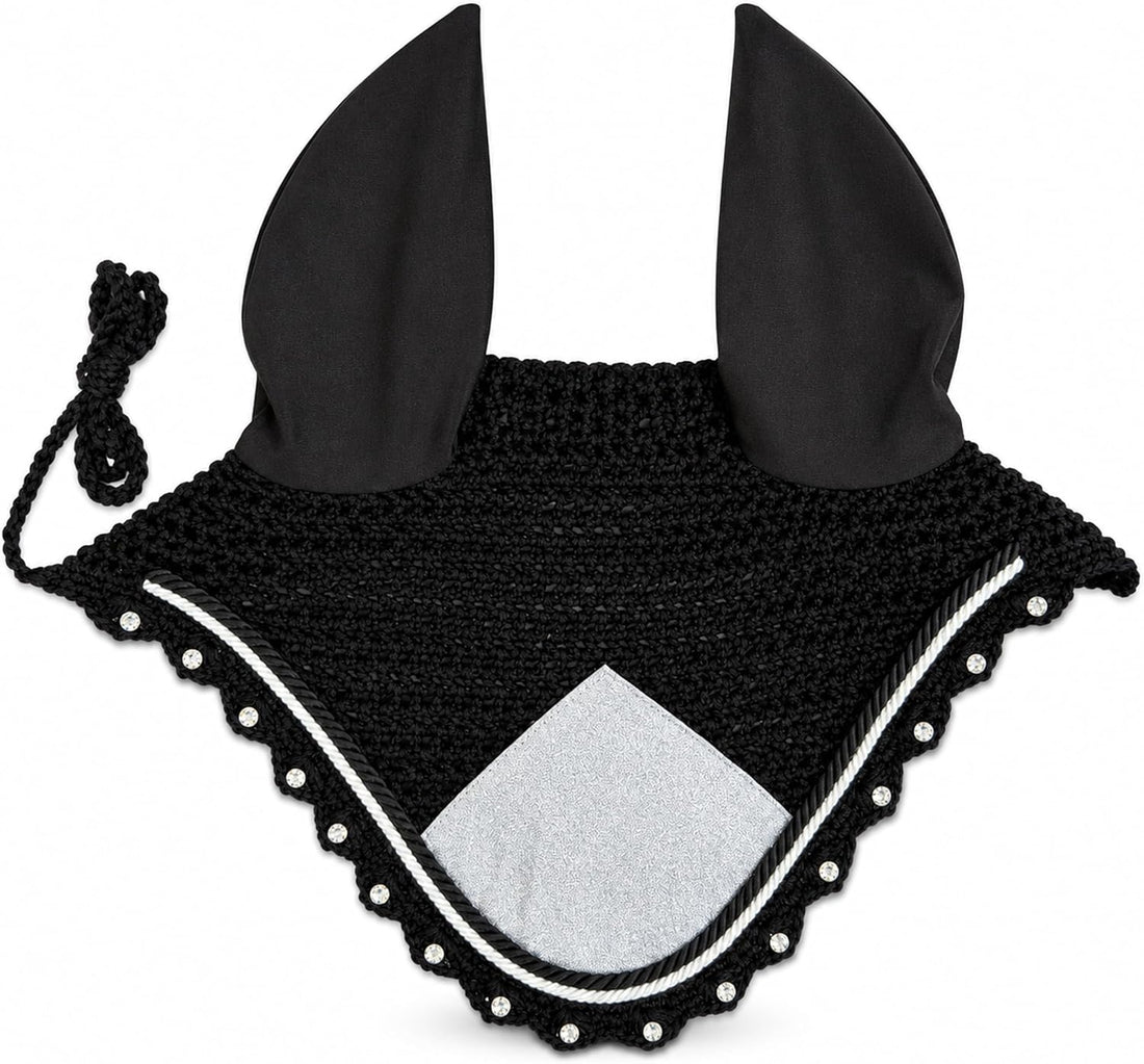 Horse Ear Bonnet for Horses – Handmade Crochet Fly Veil with Crystal