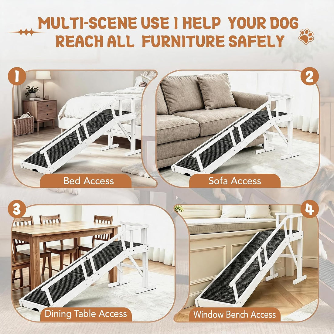 62" Wooden Dog Ramp for Bed & Couch, Pet Ramp with Platform White