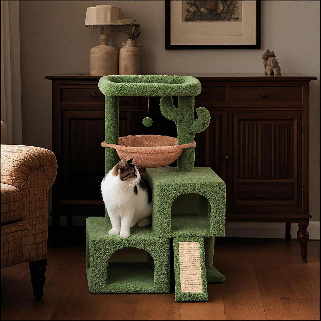 AIWIKIDE 37.4" Cactus Cat Tree Tower with Twin Cat Condos for Indoor