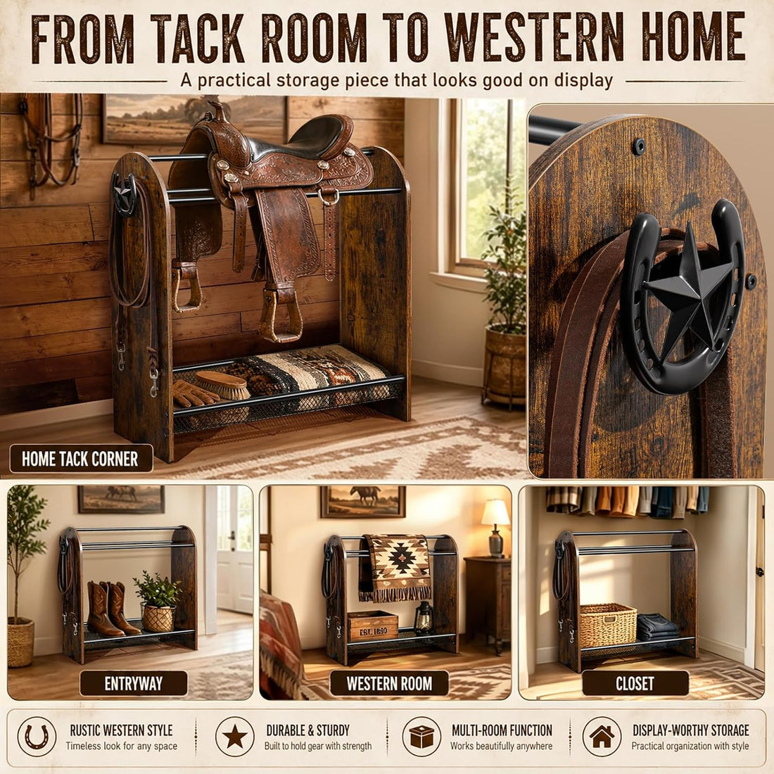 Saddle Rack Stand, Freestanding Horse Saddle Holder with Mesh Shelf
