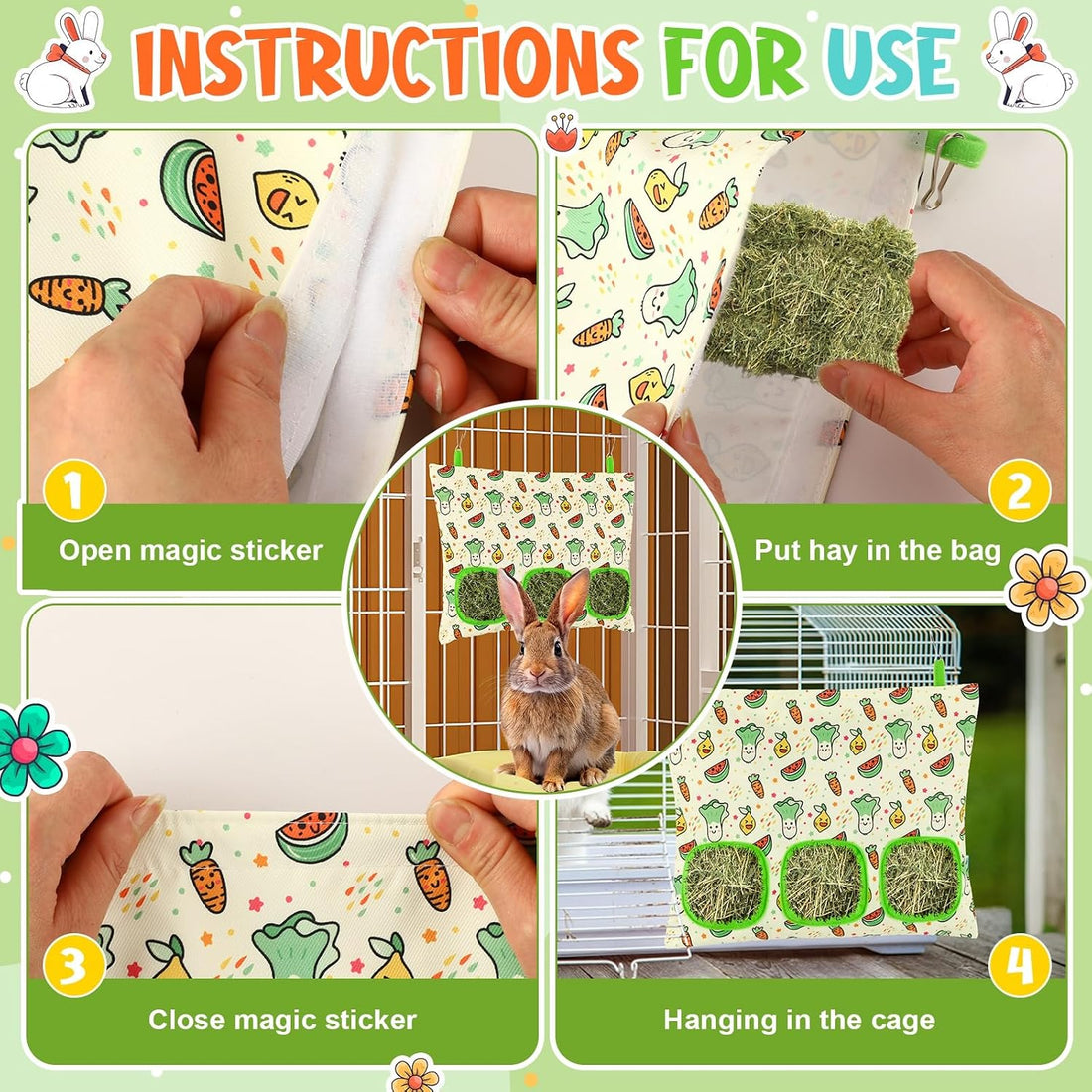 UPINS 2 Pack Guinea Pig Hay Feeder Bag,Bunny Rabbit Cage Bag Hanging