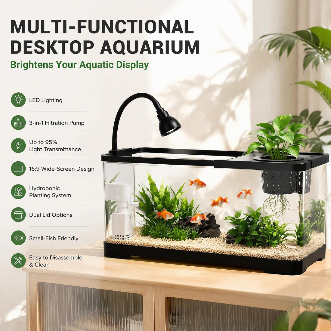 AS Fish Tank Aquarium with LED & 3-in-1 Pump for Betta, 3 Gal