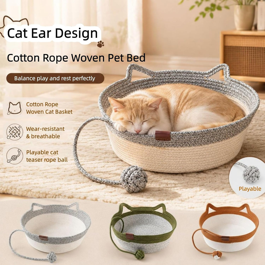 Instinct Basket, Stimuli Handwoven Cat Basket Rope Cotton Bed, Large