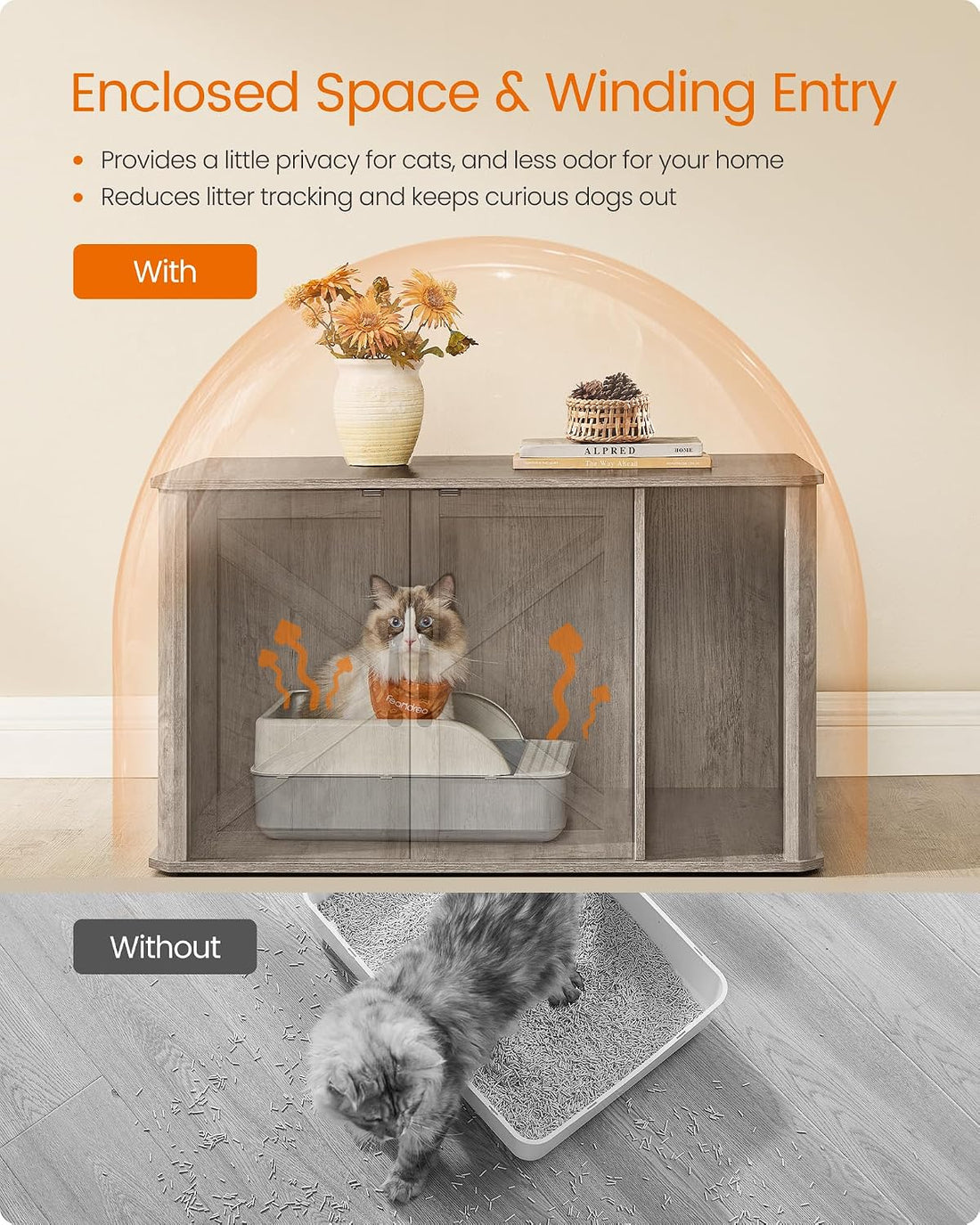 Feandrea Double Cat Litter Box Enclosure for 2 Cats, Front Entry