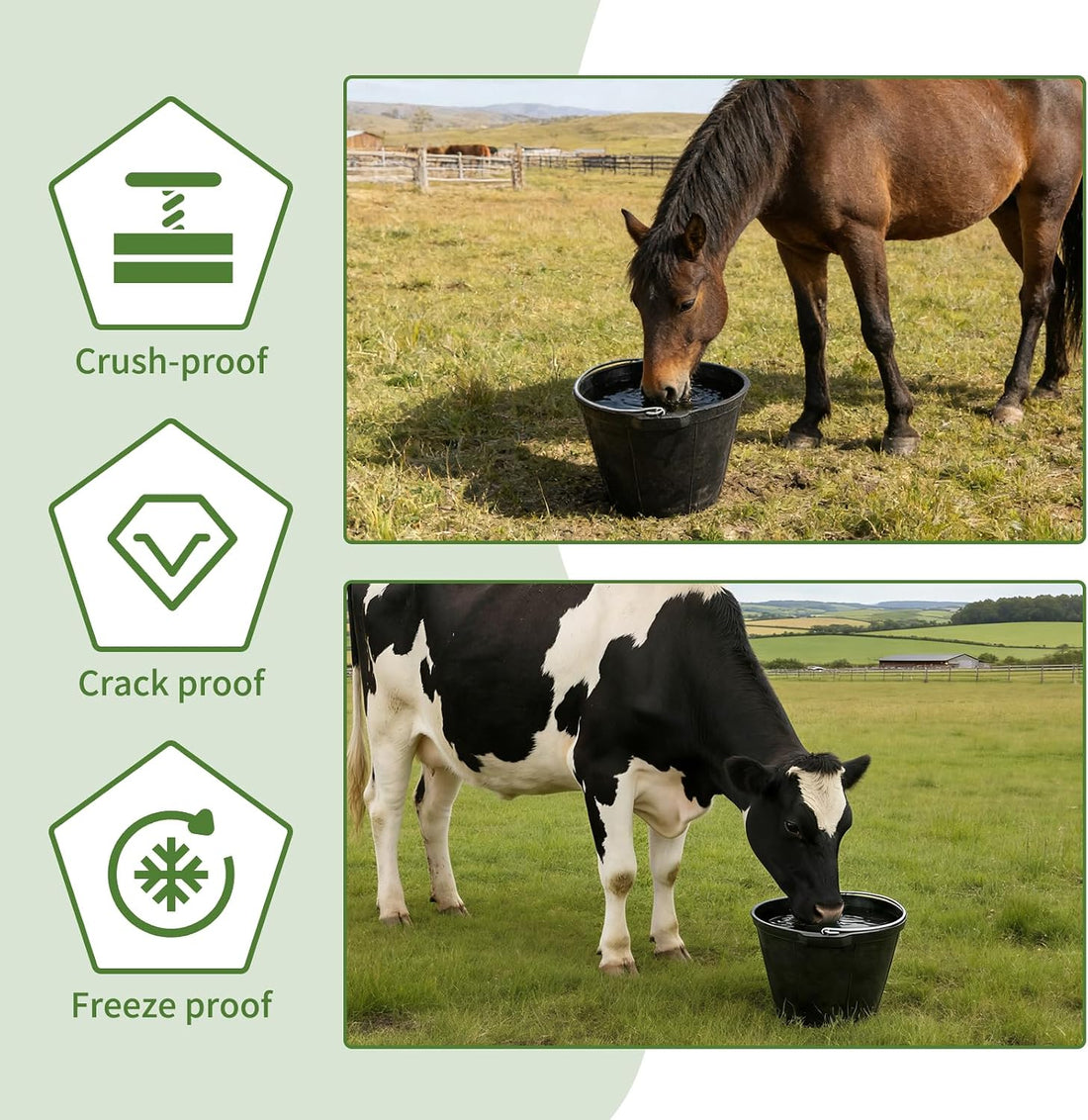 2 Pack Rubber Horse Feed Buckets, 10 Qt Water Troughs with Handles