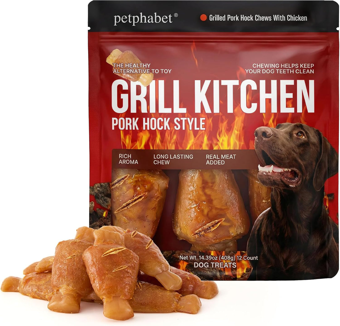 PETPHABET Rawhide Free Dog Chew Bones, Grilled Pork Hock, 12 Count
