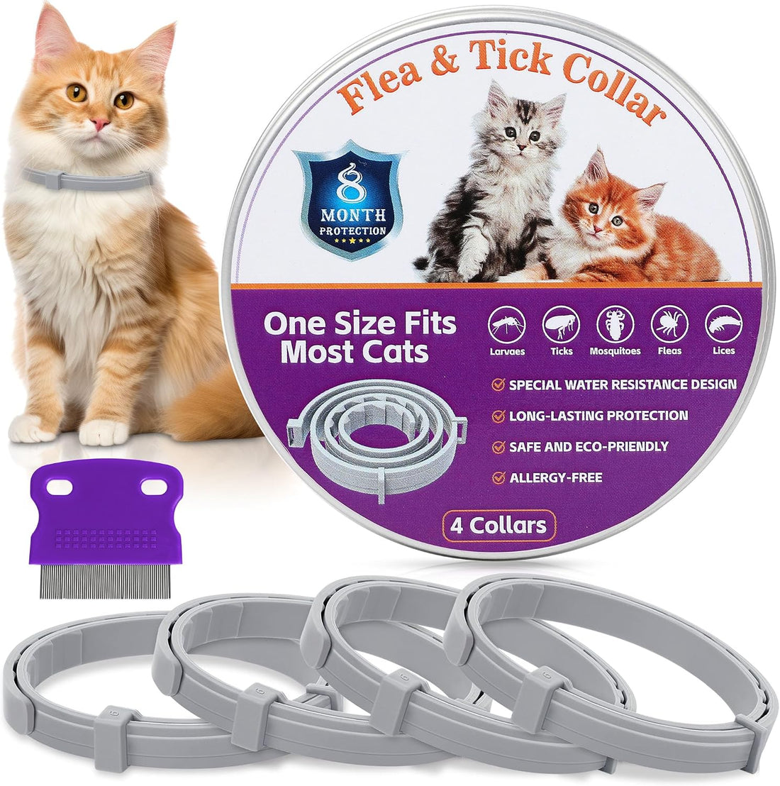 4 Pack Cats Flea & Tick Collars Long-Lasting Waterproof Collar