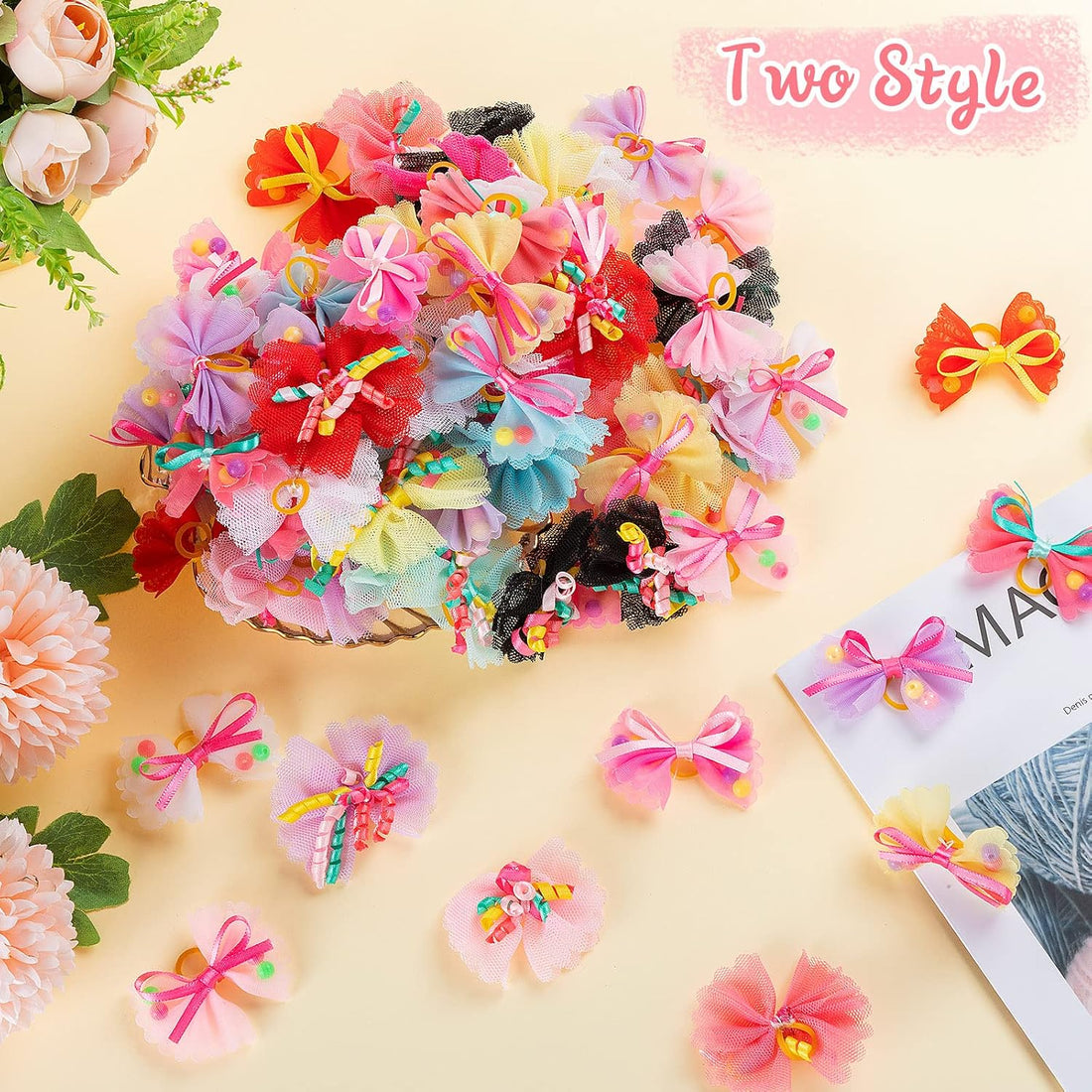 Chumia 100 Pcs Dog Hair Bows with Rubber Band for Small Dogs Puppy