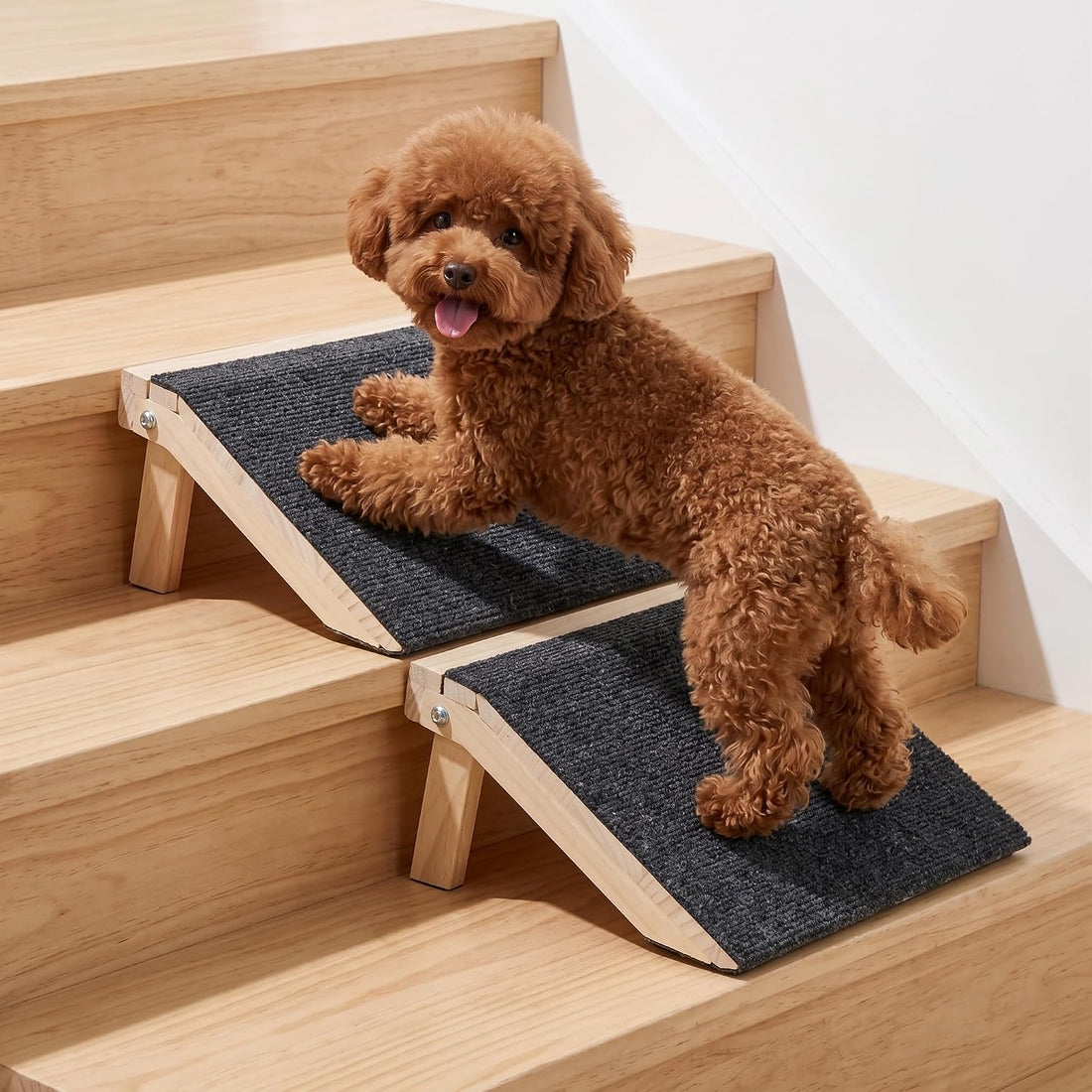 Wooden Dog Ramp for Stairs, 4.3"/5.5" Height Adjustable Pet Ramp