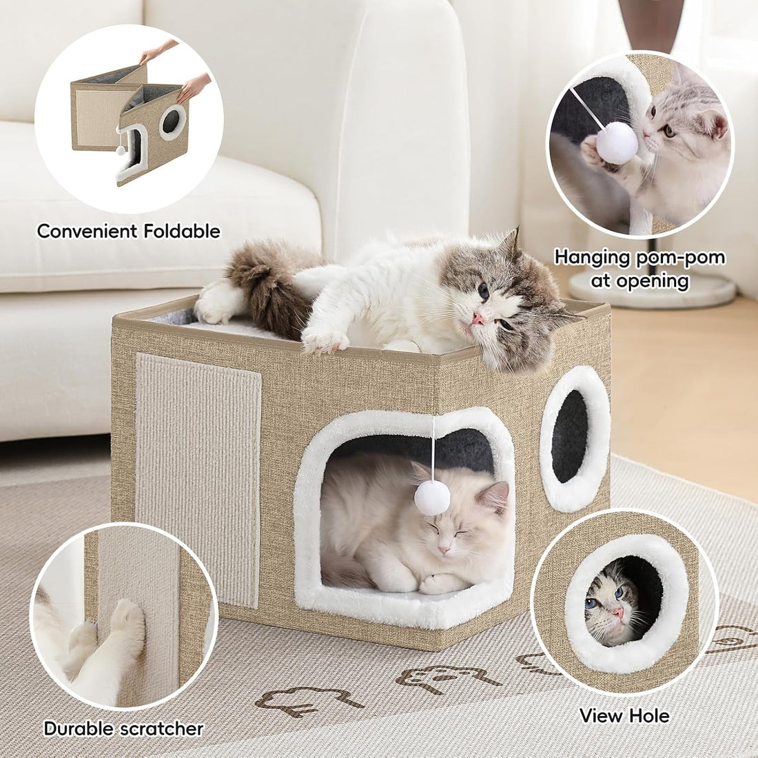 Cat Beds for Indoor Cats, Large Kitten Bed with Scratch Pad