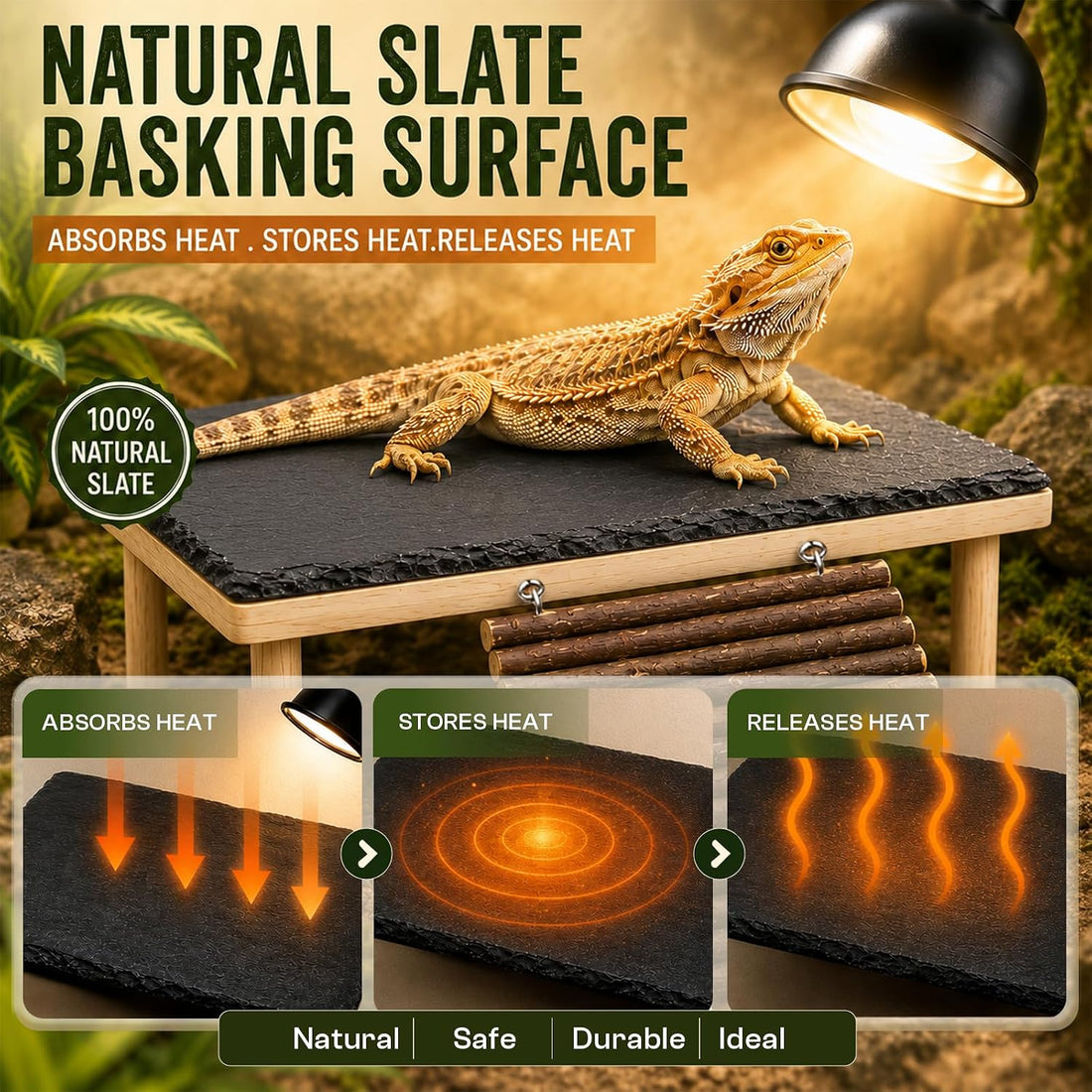 Bearded Dragon Basking Platform with Genuine Natural Slate Rock