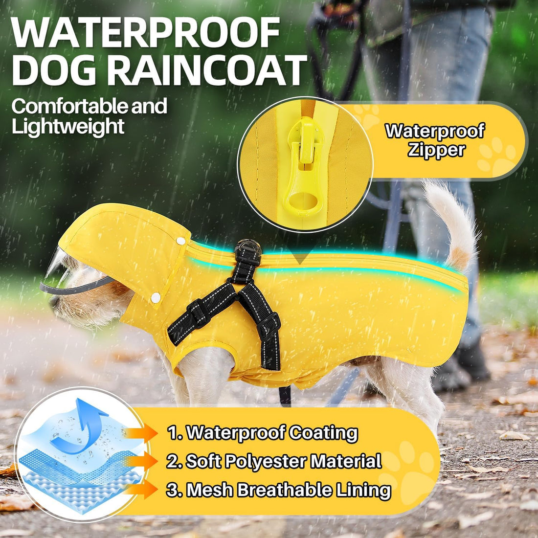Lukovee Dog Raincoat, Waterproof Jacket with Harness & Removable Hood