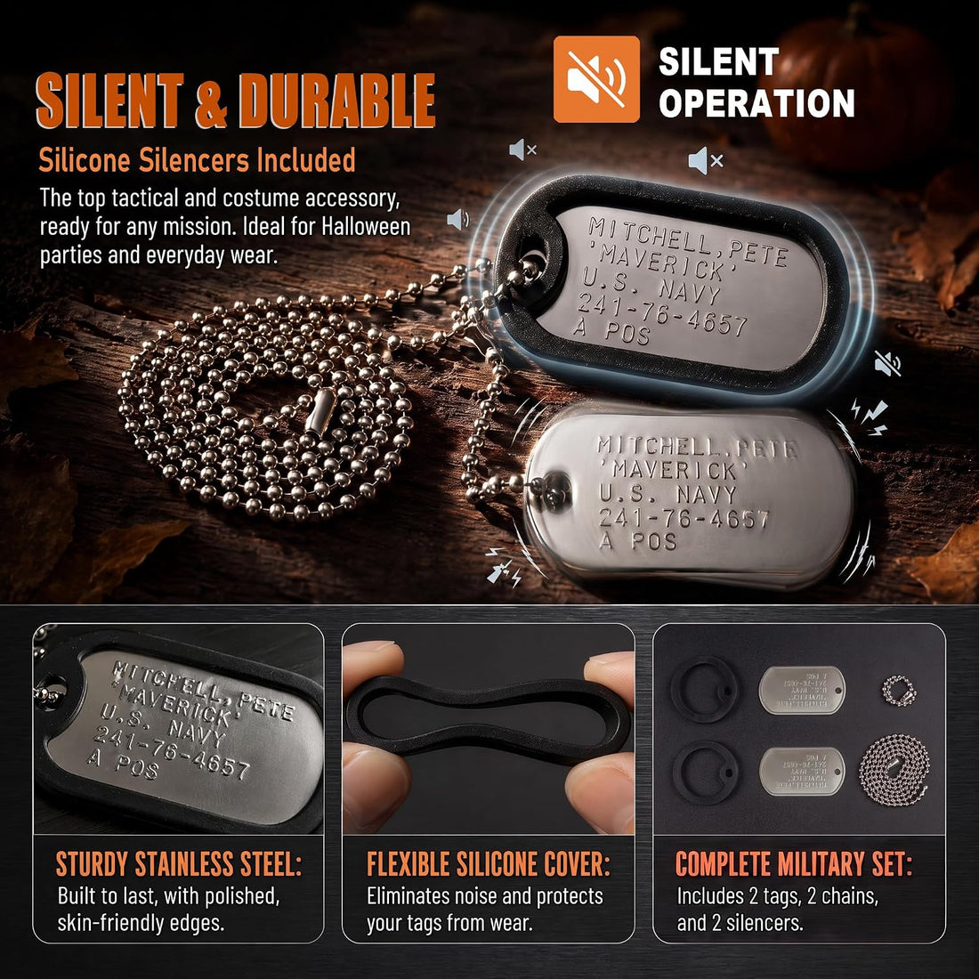 Stainless Steel Military Dog Tag Set with Chains and Silencers