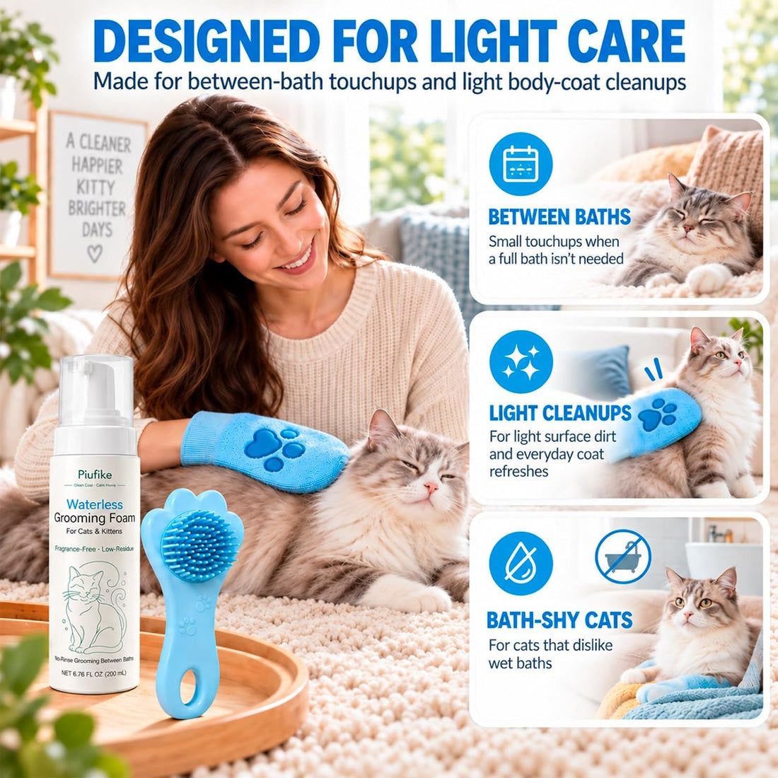 Waterless Cat Dry Shampoo Foam for Cats & Kittens, 6.76 fl oz