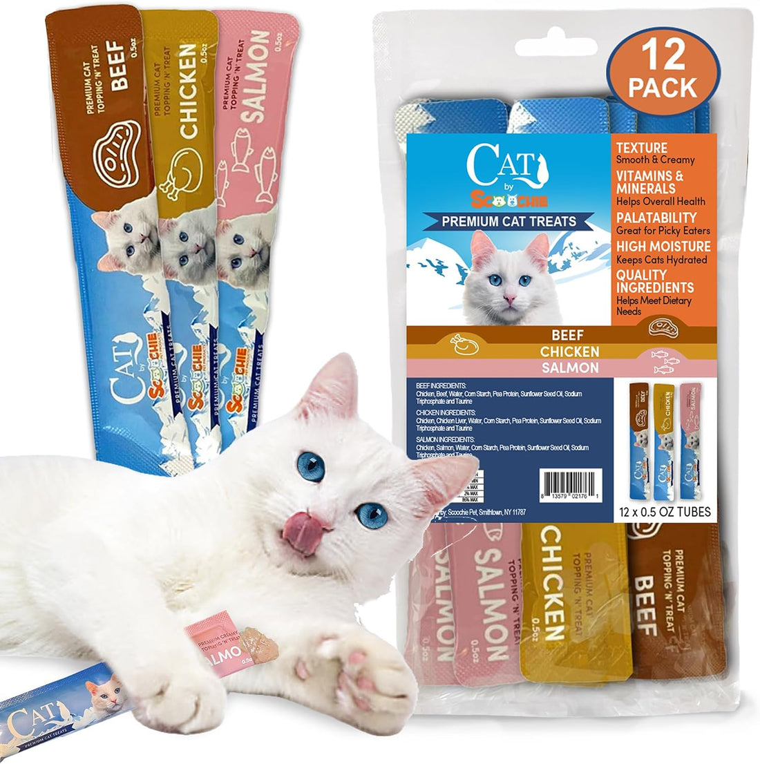 Scoochie Pet Cat Lick Treats, Chicken Salmon & Beef, 0.5oz, 12 Pack