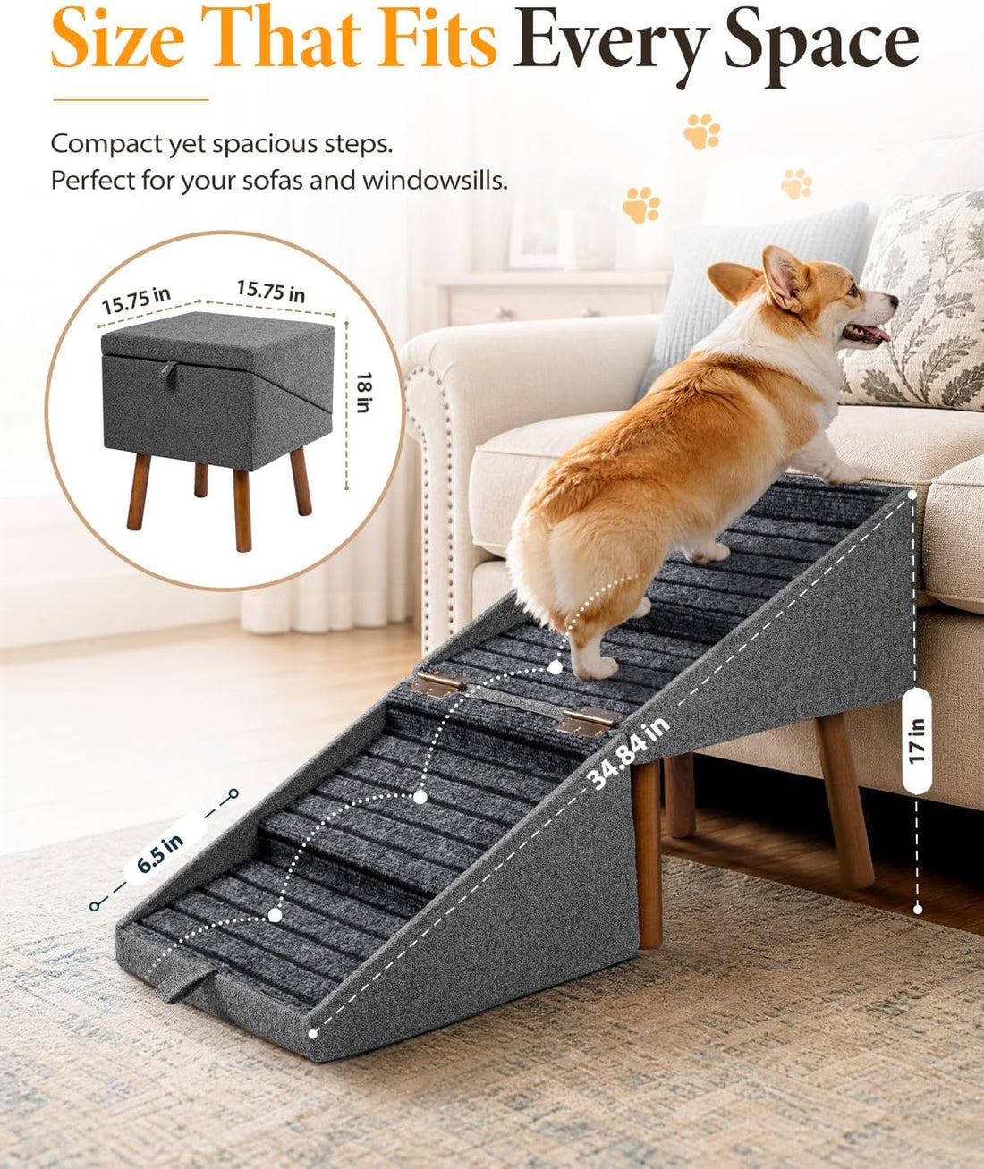 17" H Foldable Pet Steps for Sofa, Non-Slip Ramp Stairs