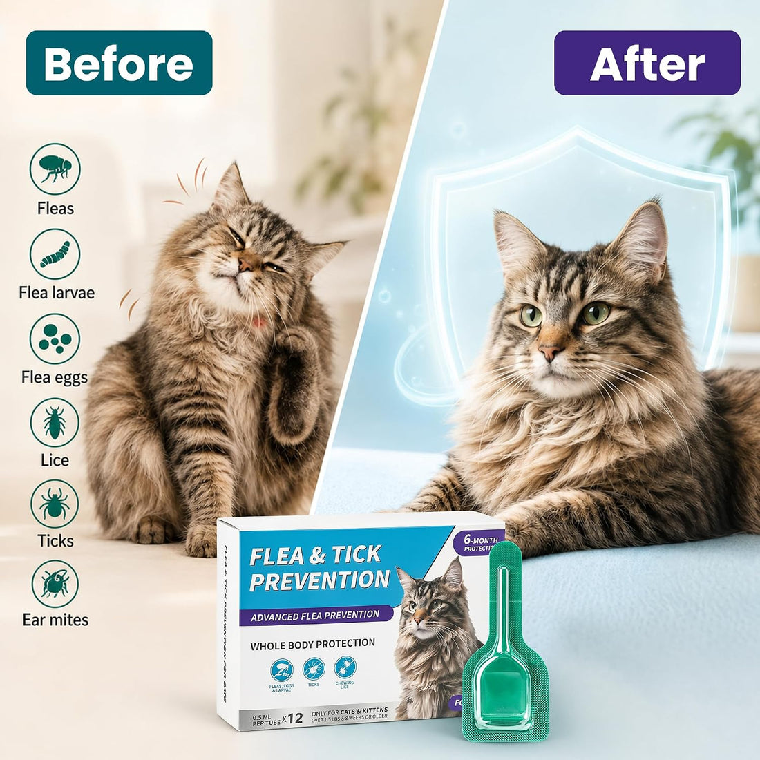 12Pcs Cat Flea&Tick Topical Drops