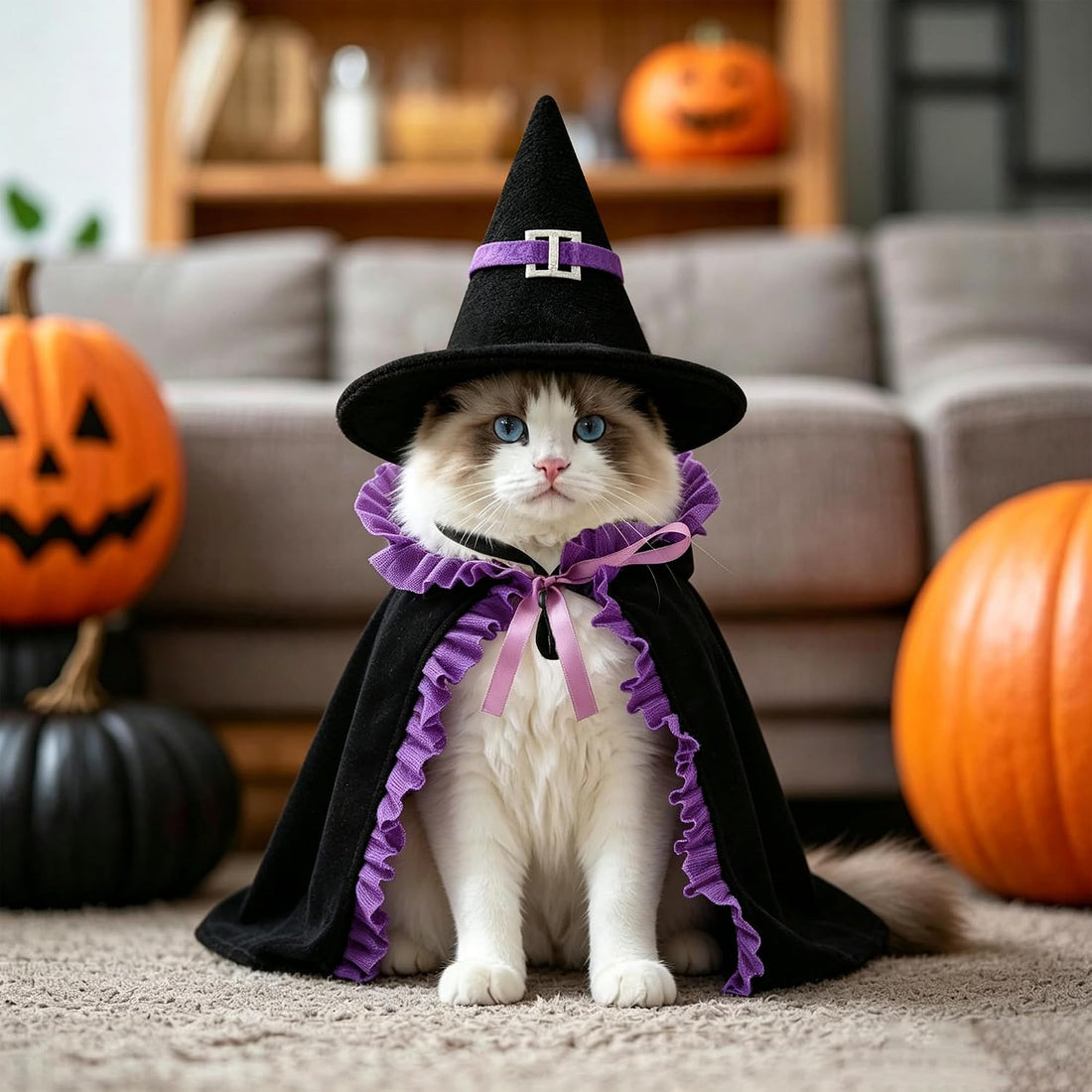 Halloween Cat Witch Costume Set Cute Pet Witch Hat Cape Accessories