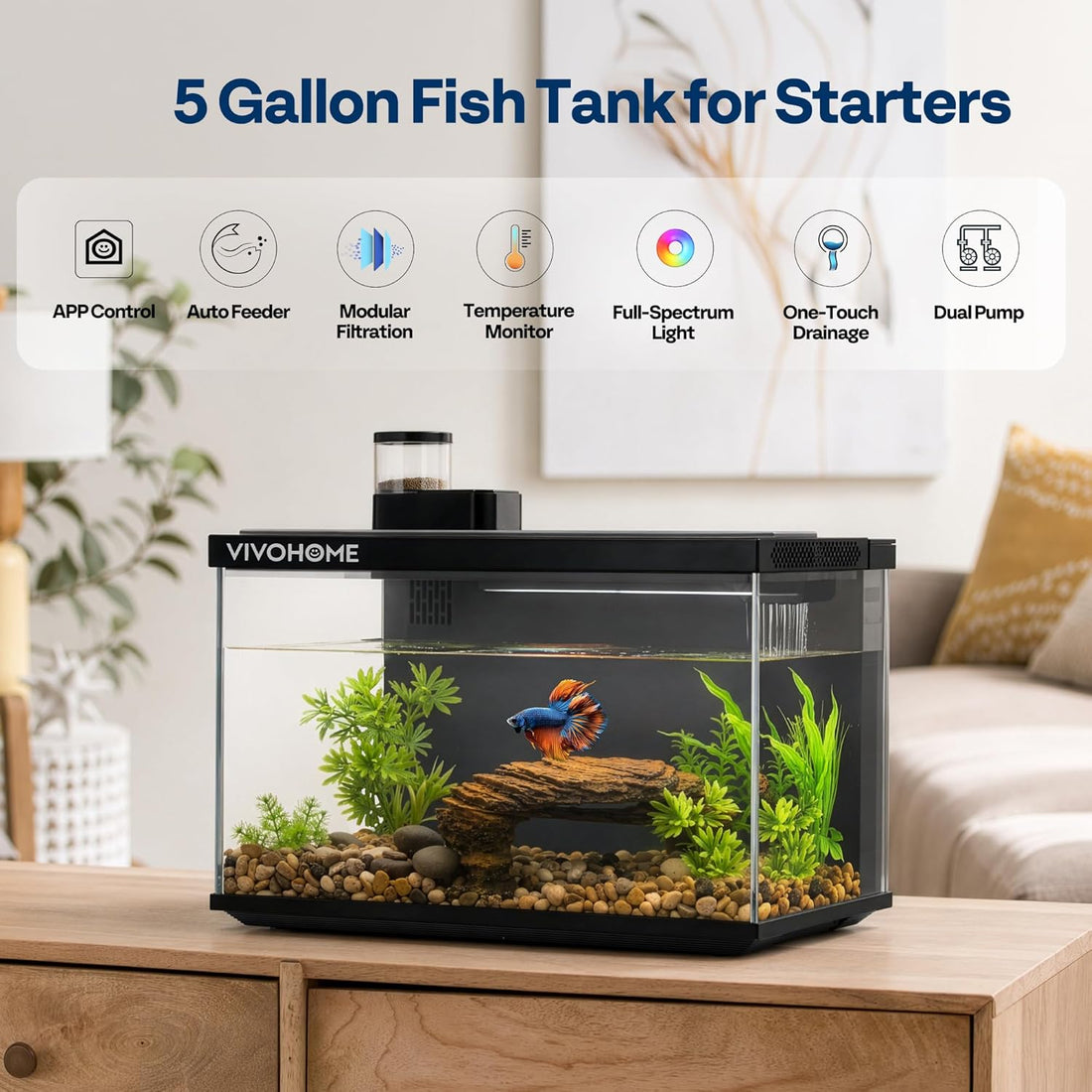 VIVOHOME 2 Gallon Smart Fish Tank with APP Control and Auto Feeder