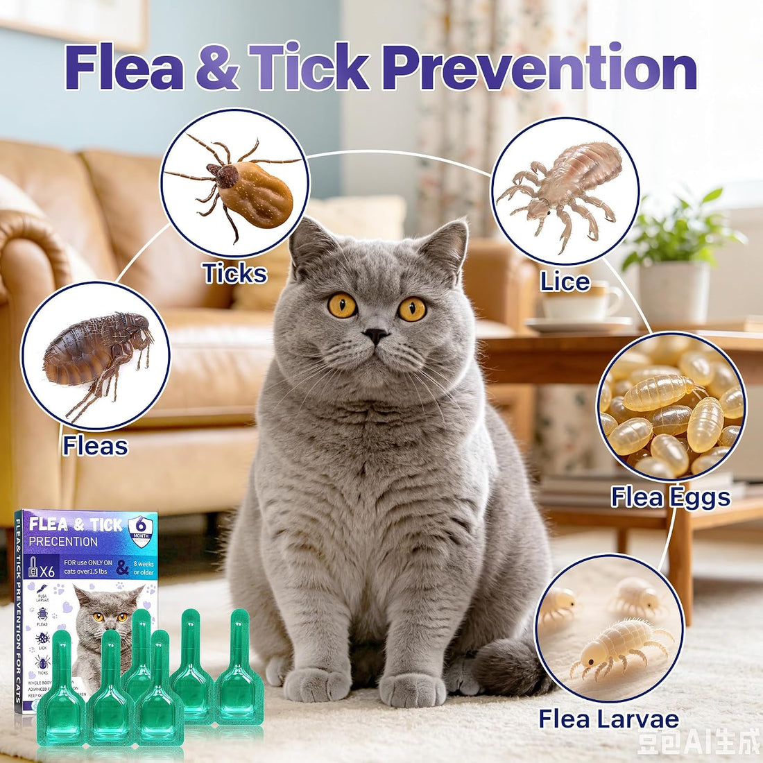 Topical Cat Flea & Tick for Over 1.5 lbs & 8+ Weeks, 6 Month Supply