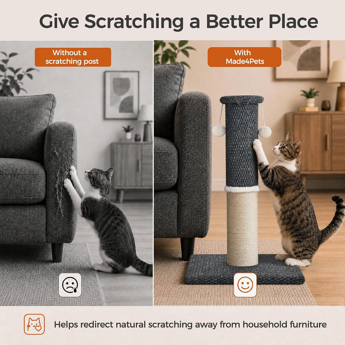 Made4Pets Cat Scratching Post with Sisal & Carpet for Indoor Cats