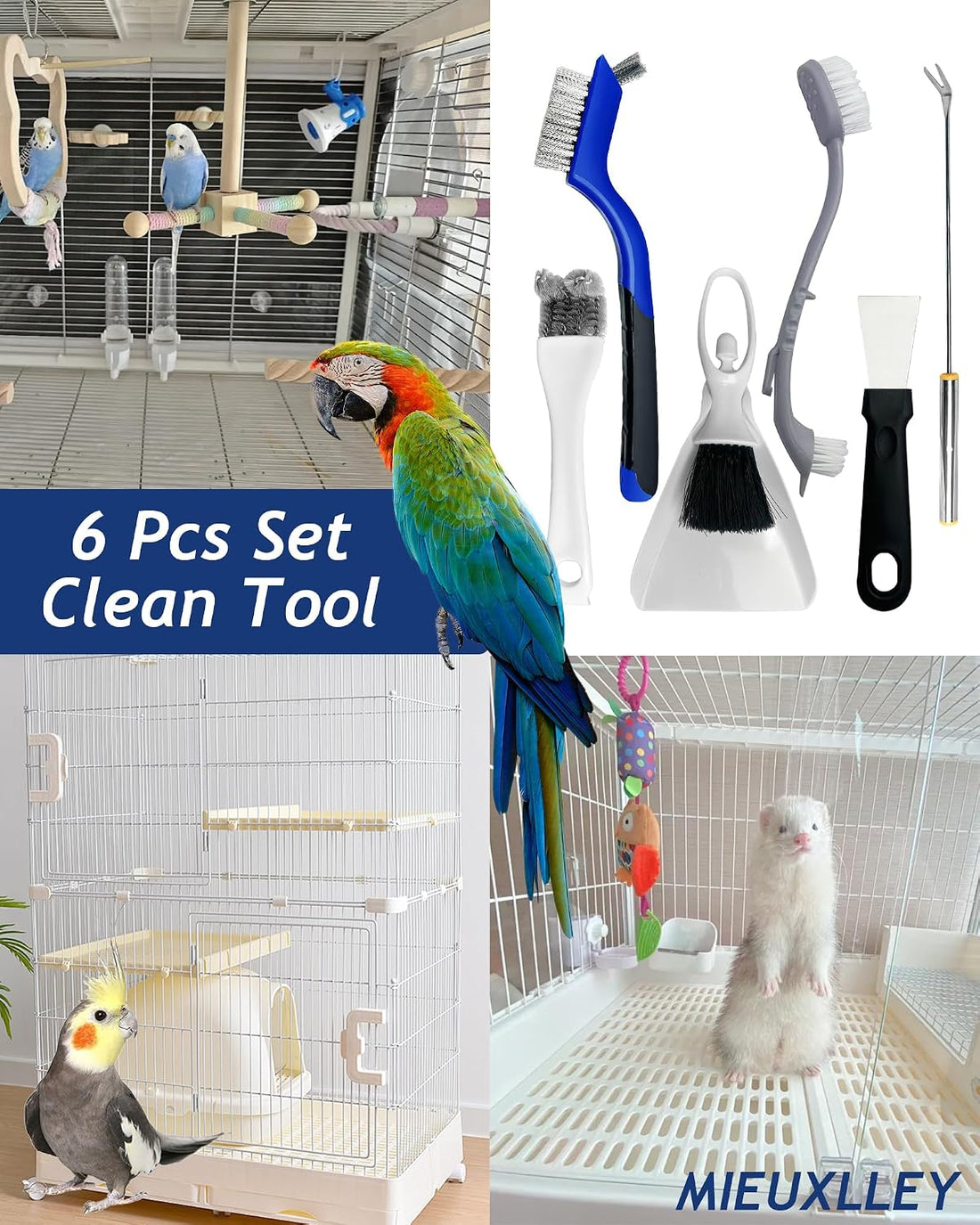 Upgrade 6PCS Cage Cleaner Set,2-in-1 Stainless Steel Pet Cage