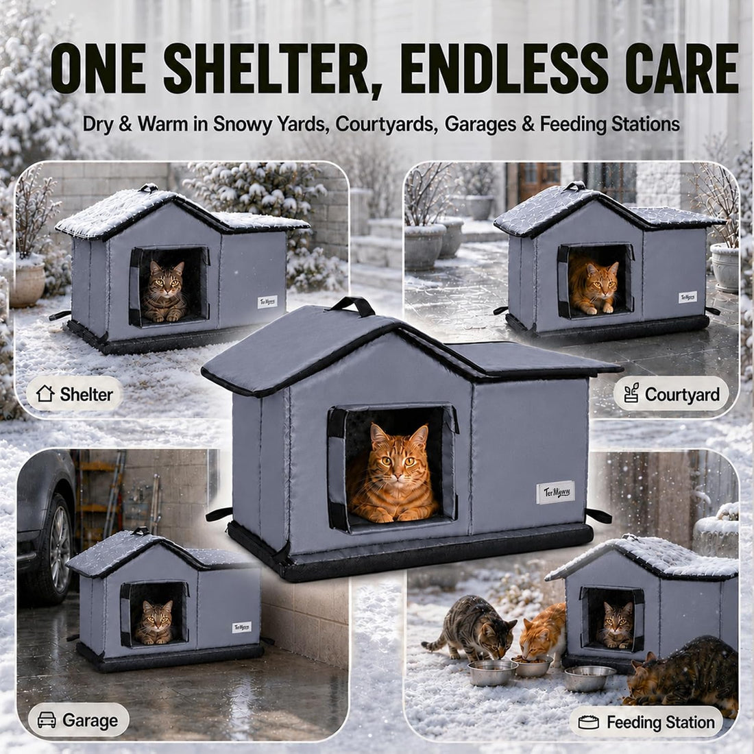Insulated Outdoor Cat House，Thick Sponge Base Against Cold Ground