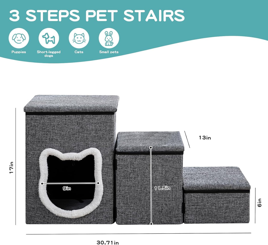 Dog Stairs for Small Dogs, 3-Step Non-Slip Pet Stairs for Cats