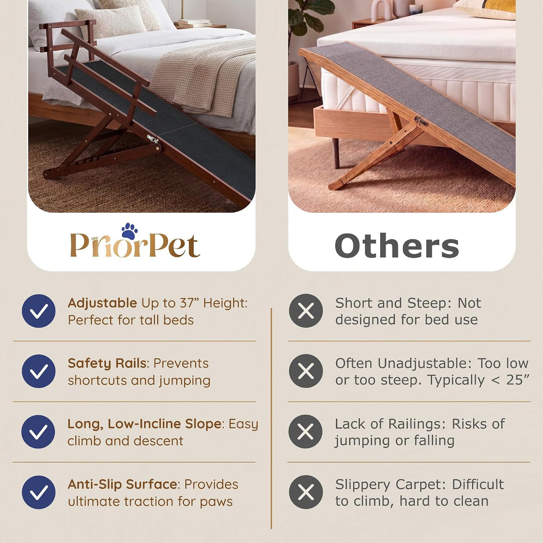 Dog ramp for Bed - PRIORPET Birchwood Adjustable Ramp for Dogs to Get