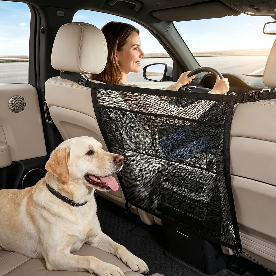 Dog Car Barrier for Backseat Safety with Mesh Storage Pocket