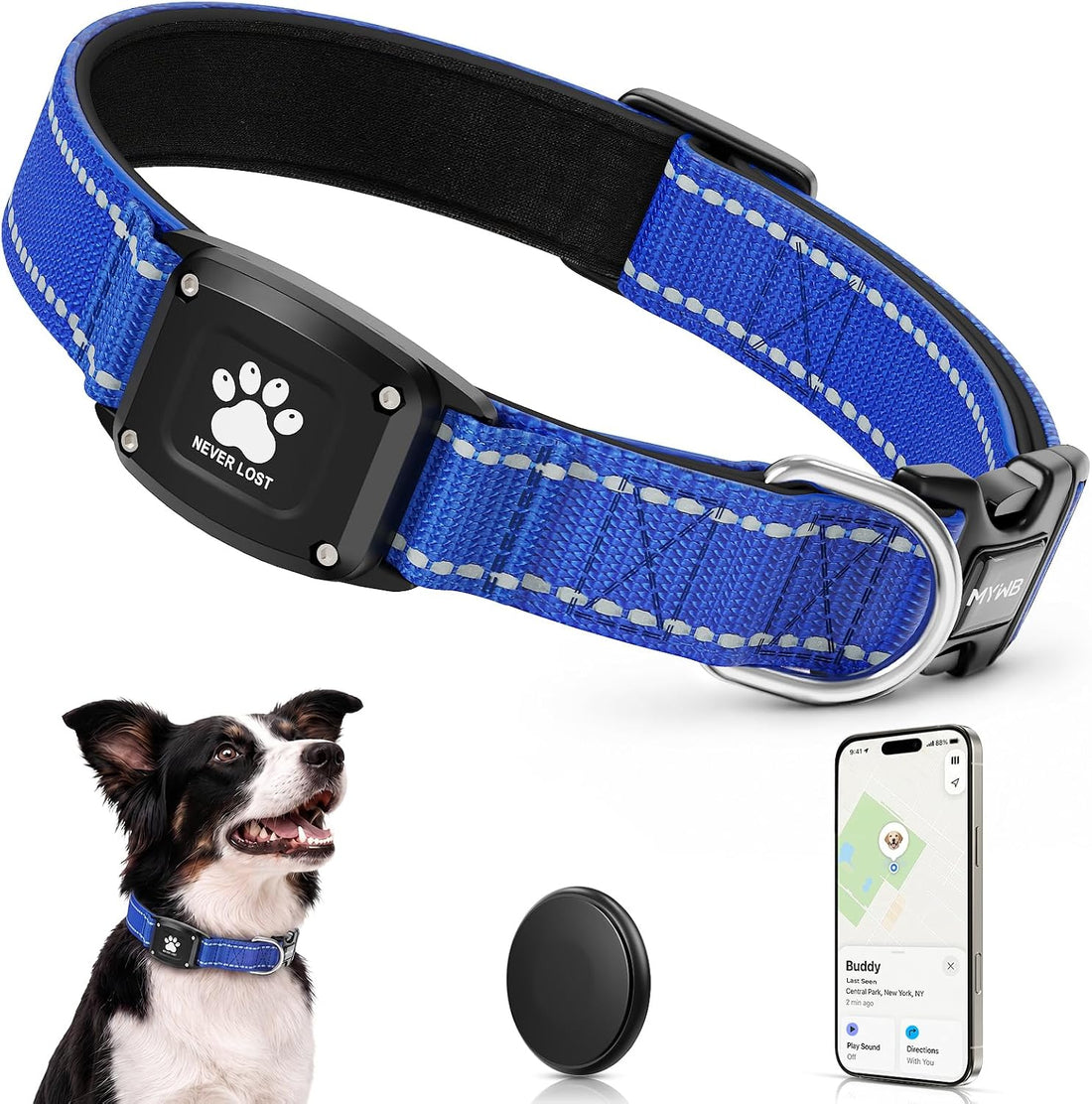 GPS Dog Collar with Tracker, Waterproof, No Monthly Fee, Blue, L