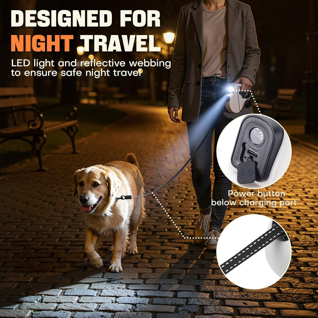 Retractable Dog Leash with LED Light & Reflective Tape for Night Walk