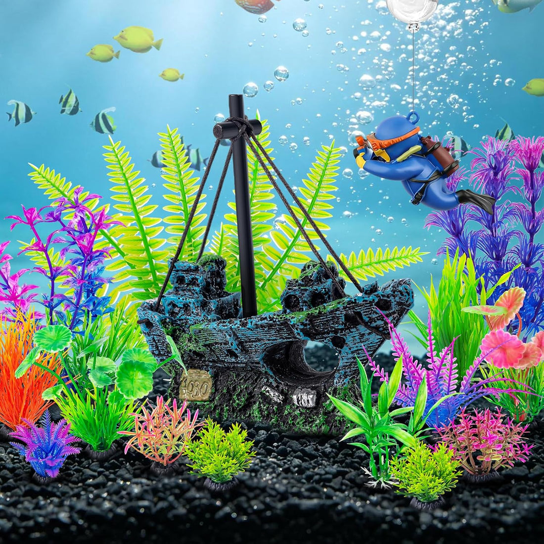 CousDUoBe 16 Pcs Fish Tank Decor Set Shipwreck Decoration Fish Tank