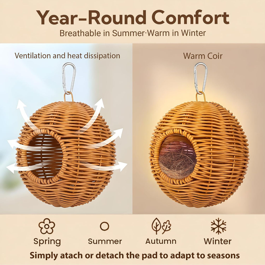 Bird Nest for Cage, Hanging Rattan Parakeet Nest，Washable Breathable