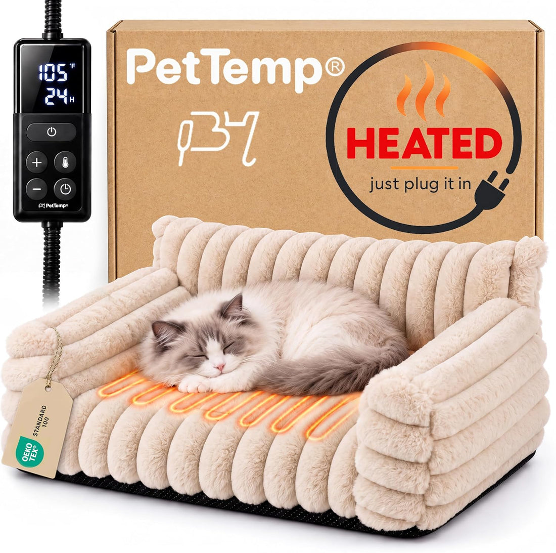 Indoor Heated Cat Sofa, Heated Dog Bed for Small Dogs,Plush Bolster