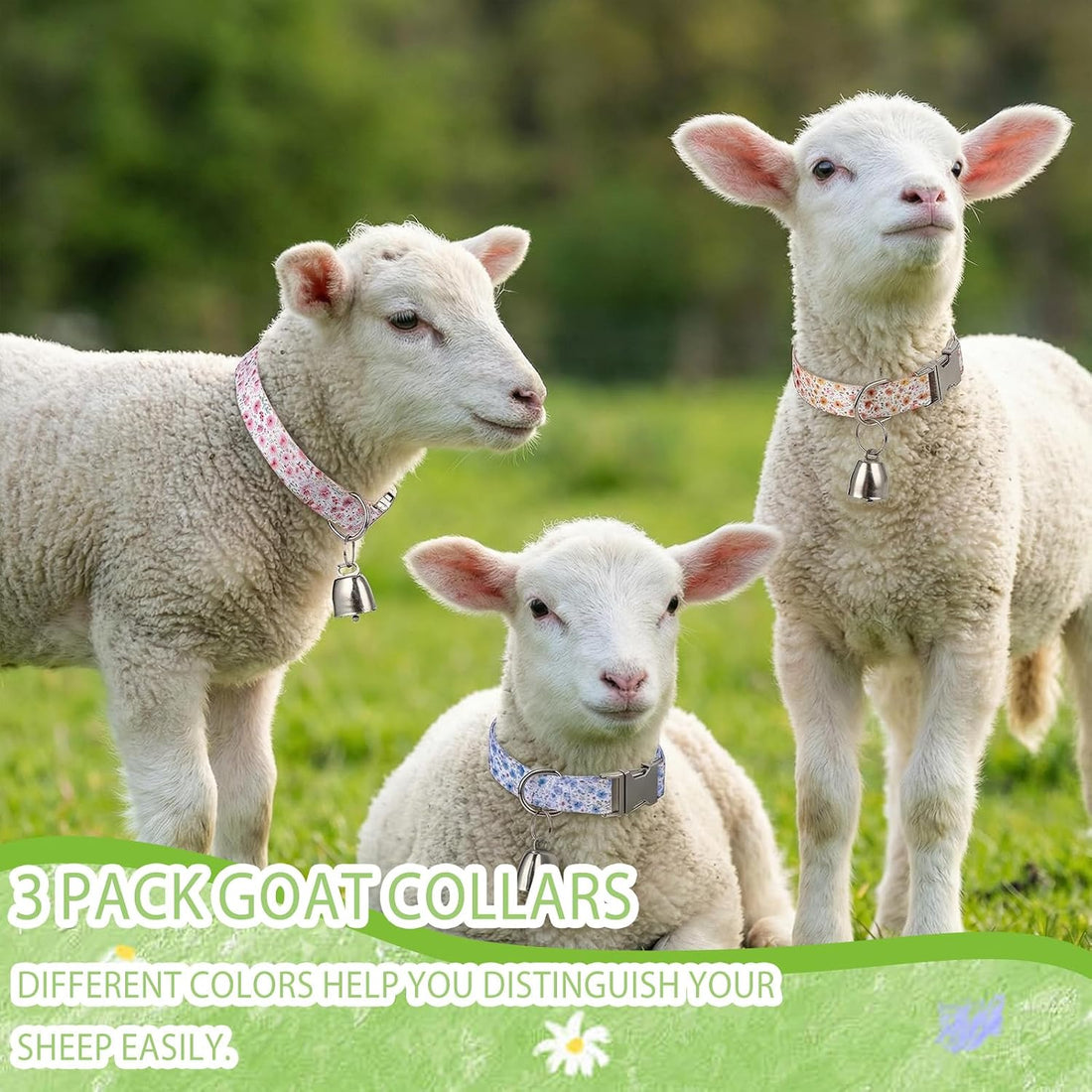 3 Pack Floral Goat Collars with Bells Adjustable Sheep Collar