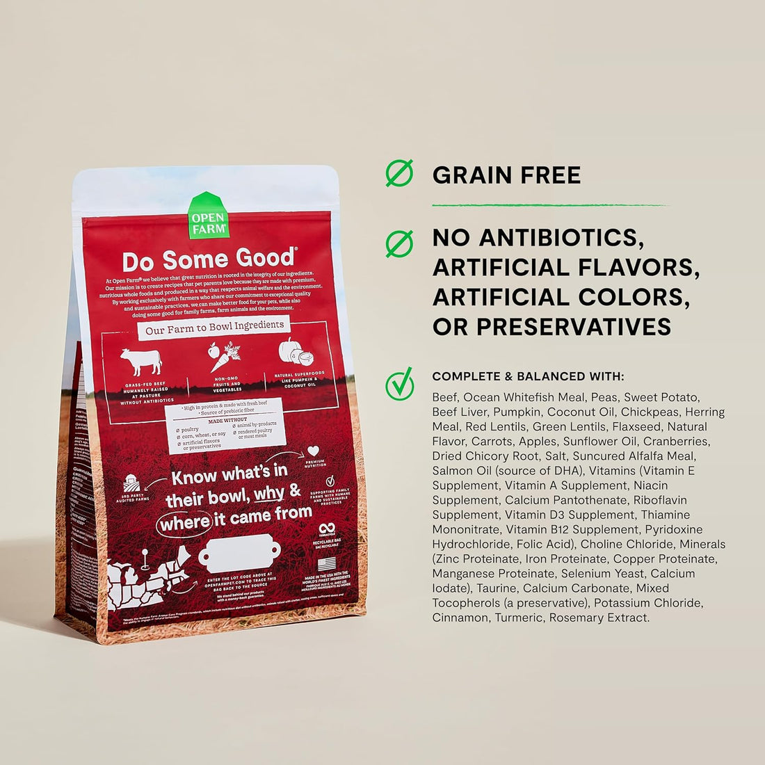 Open Farm Grain Free Dry Dog Food, Grass-Fed Beef Kibble, 22lb Bag