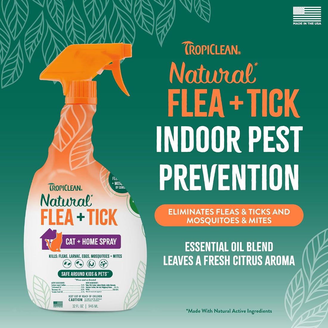 TropiClean Flea and Tick Treatment Spray for Cats & Home, Safely Treat