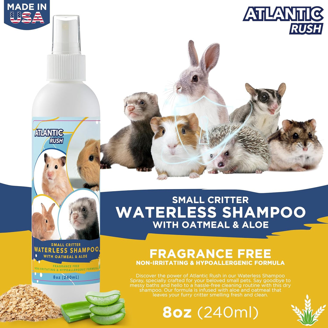 Atlantic Rush Waterless Shampoo for Small Pets- 8oz Pet Spray